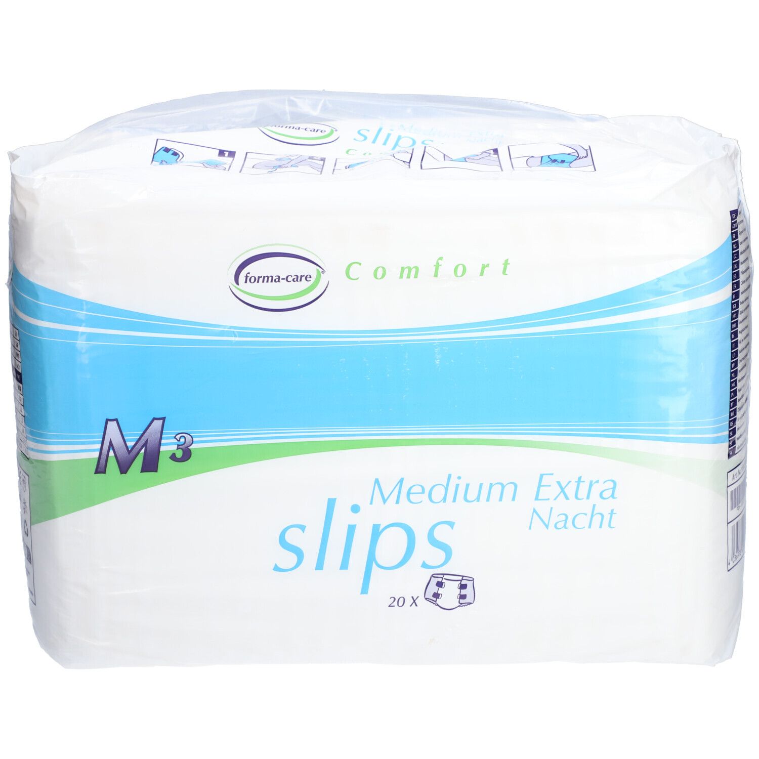 Paquet de slips d'incontinence. Inscription : Forma-care Comfort, Medium Extra Nacht, M3, 20 pièces. Emballage bleu et blanc.