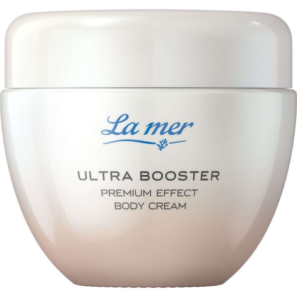 Pot de crème La mer Ultra Booster, dégradé blanc-rose. Inscription en bleu.