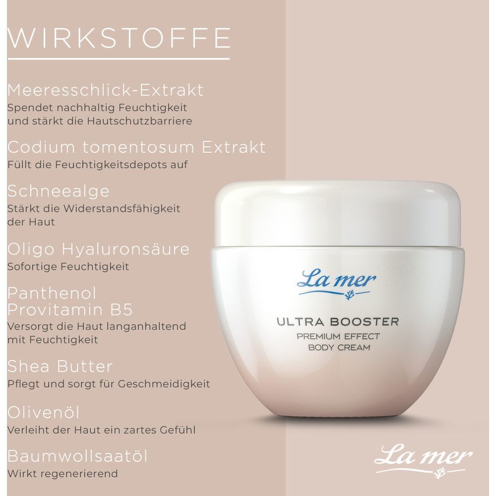 Pot de crème avec ingrédients. La mer Ultra Booster. Texte: Wirkstoffe, extrait marin.