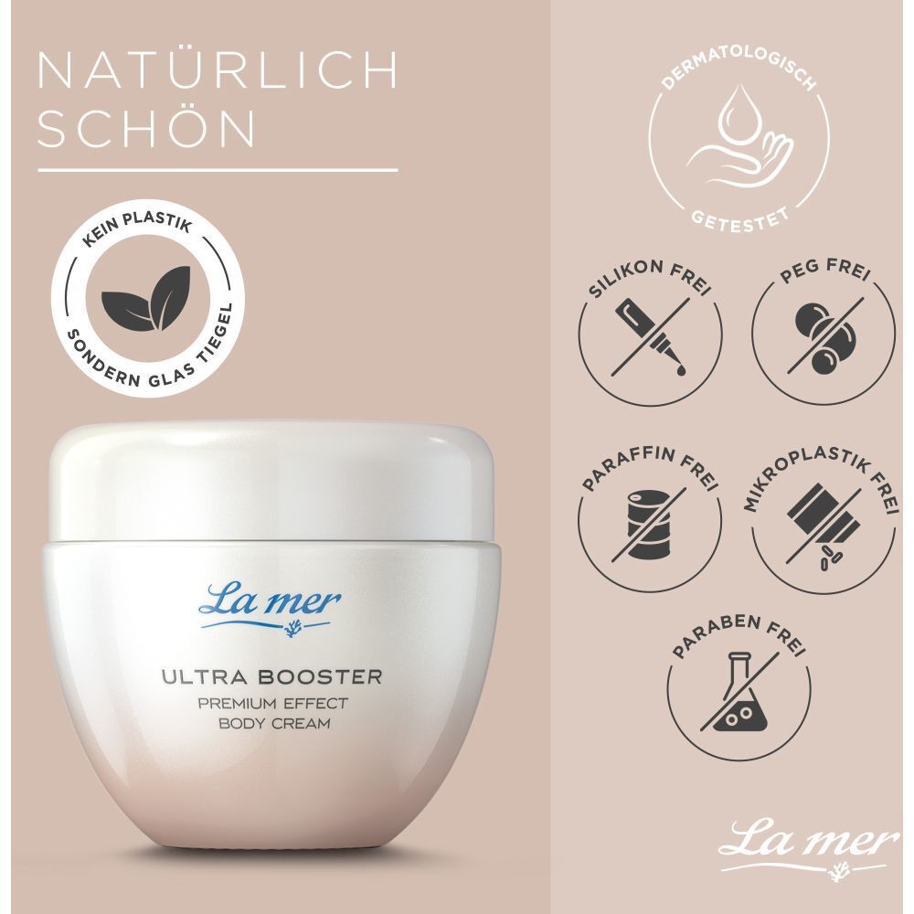 Pot de crème avec logos. La mer Ultra Booster. Texte: Naturellement beau, testé dermatologiquement.
