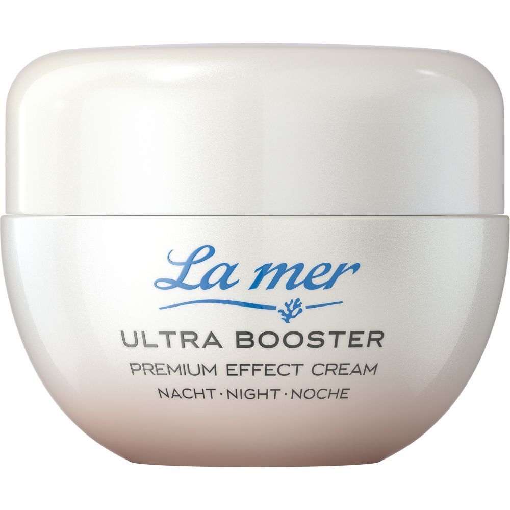 Pot de crème avec couvercle. Inscription : La mer, Ultra Booster, Premium Effect Cream, Nacht.