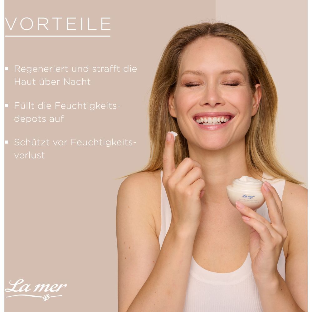 Femme avec pot de crème. Texte : Avantages, régénère, raffermit, hydrate, protège de la perte.