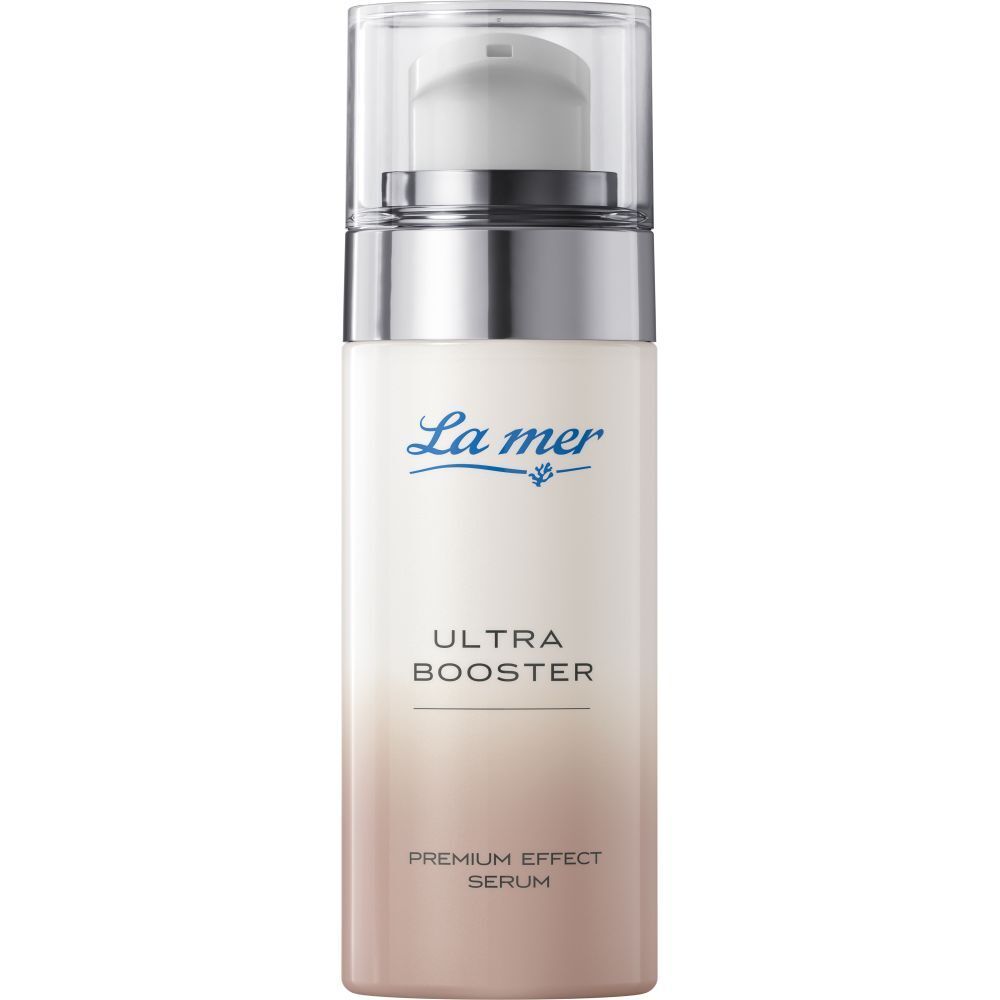 Flacon de sérum avec pompe. Dégradé blanc-rose. Inscription : La mer, Ultra Booster, Premium Effect Serum.