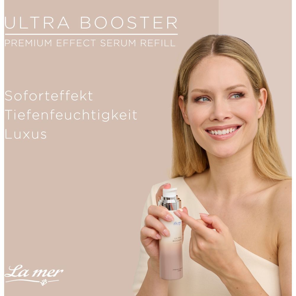 Femme tenant un flacon de sérum. Texte : Ultra Booster, Premium Effect Serum Refill. Effet immédiat, hydratation intense, luxe.