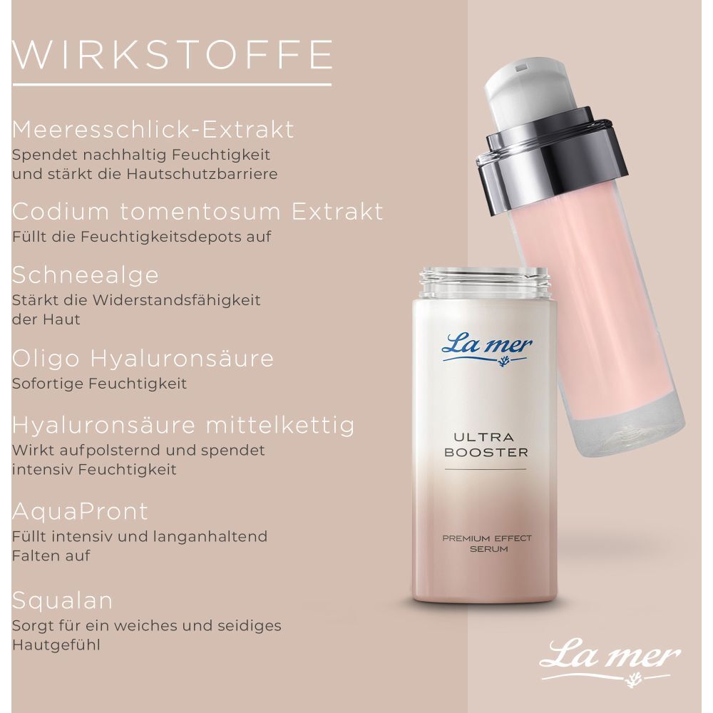 Flacon de sérum et ingrédients. Texte : Ingrédients actifs, extrait de limon marin, acide hyaluronique, AquaPront, squalane.