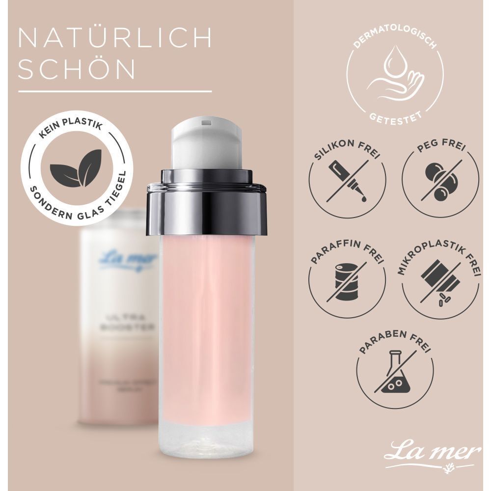 Flacon de sérum et logos. Texte : Naturellement beau, sans plastique, testé dermatologiquement, sans silicone, sans PEG.