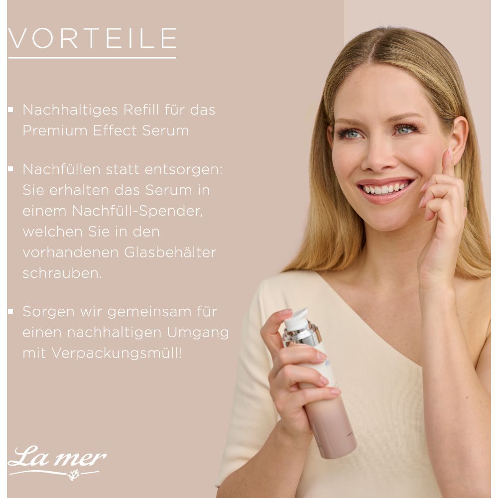 Femme tenant un flacon de sérum. Texte : Avantages, recharge durable, recharger au lieu de jeter, gestion durable des déchets d'emballage.