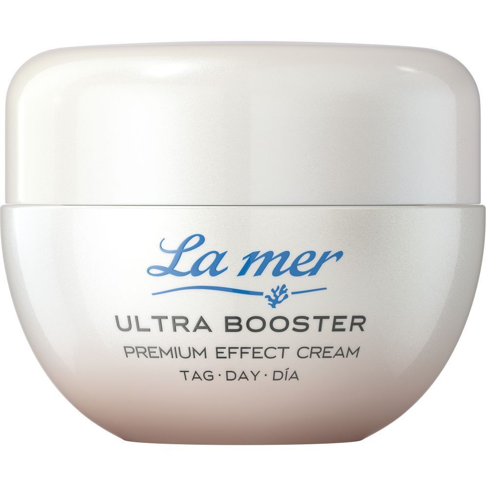 Pot de crème La mer Ultra Booster, couvercle blanc, texte. Tag/Day/Día.