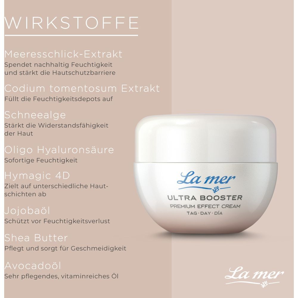 Pot de crème La mer Ultra Booster. Texte: Ingrédients actifs. Ingrédients: extrait marin, acide hyaluronique.