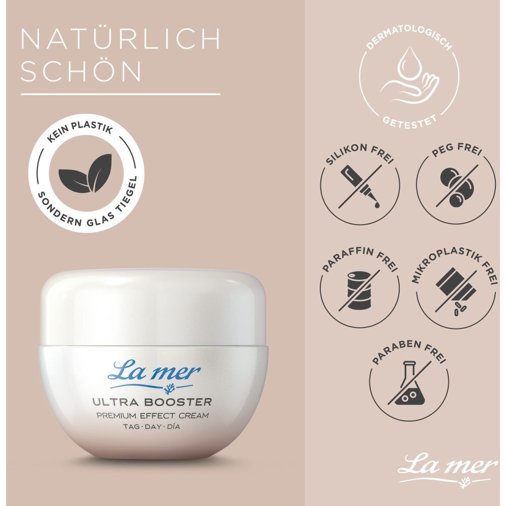Pot de crème La mer Ultra Booster. Texte: Naturellement beau. Symboles: Sans silicone, sans parabène.