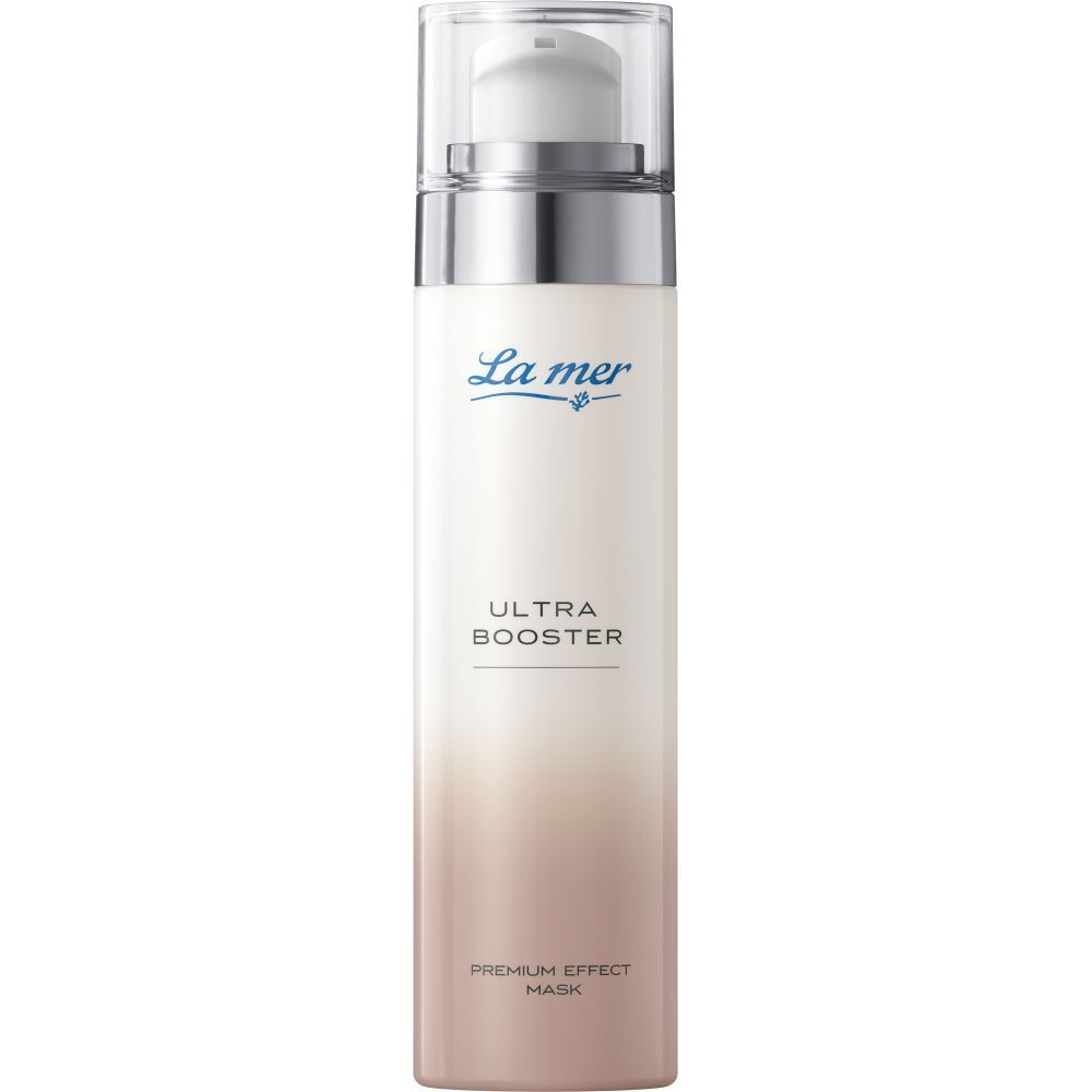 La mer ULTRA BOOSTER. Flacon avec vaporisateur. Dégradé blanc-brun. Écriture bleue. Premium Effect Mask.