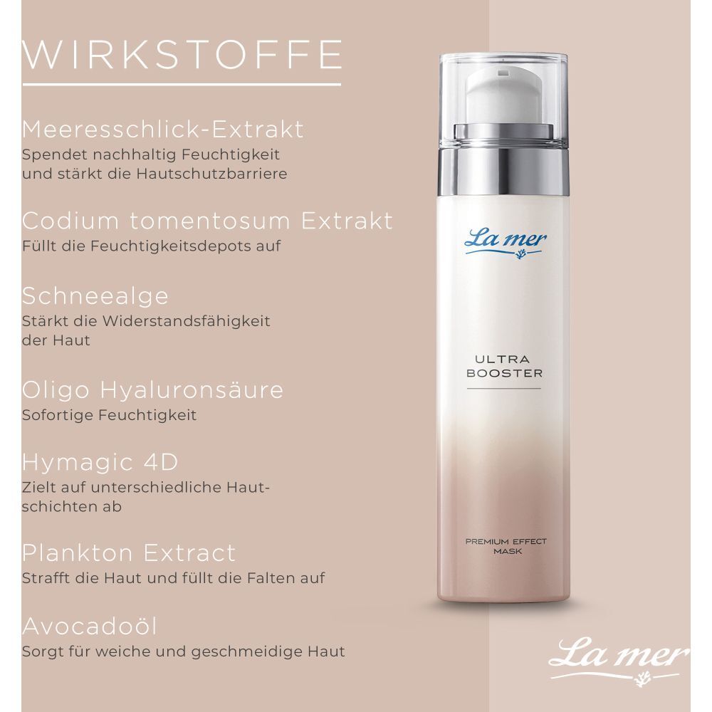 La mer ULTRA BOOSTER. Flacon avec vaporisateur. Ingrédients : Extrait de boue marine, Codium tomentosum, algue des neiges, etc.