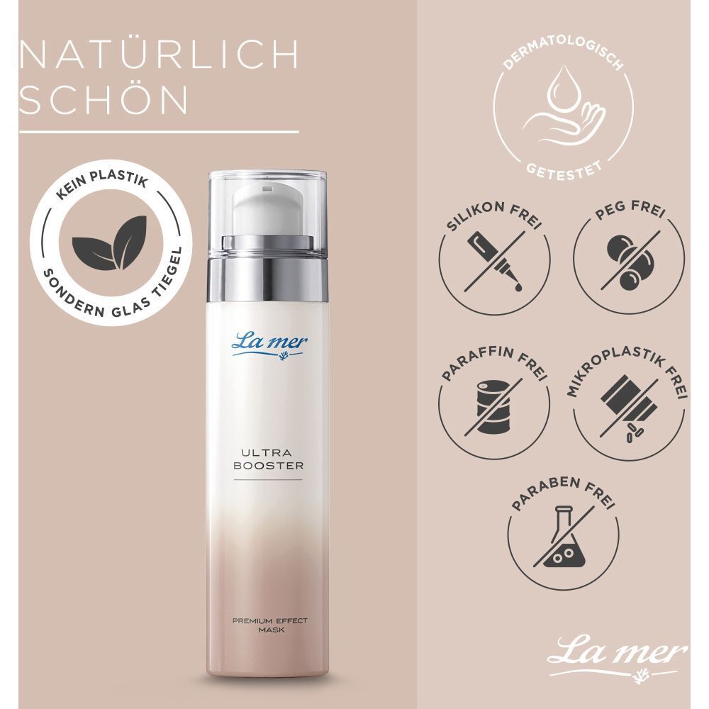 La mer ULTRA BOOSTER. Flacon avec vaporisateur. Logos : testé dermatologiquement, sans silicone, sans PEG, etc. Pot en verre.