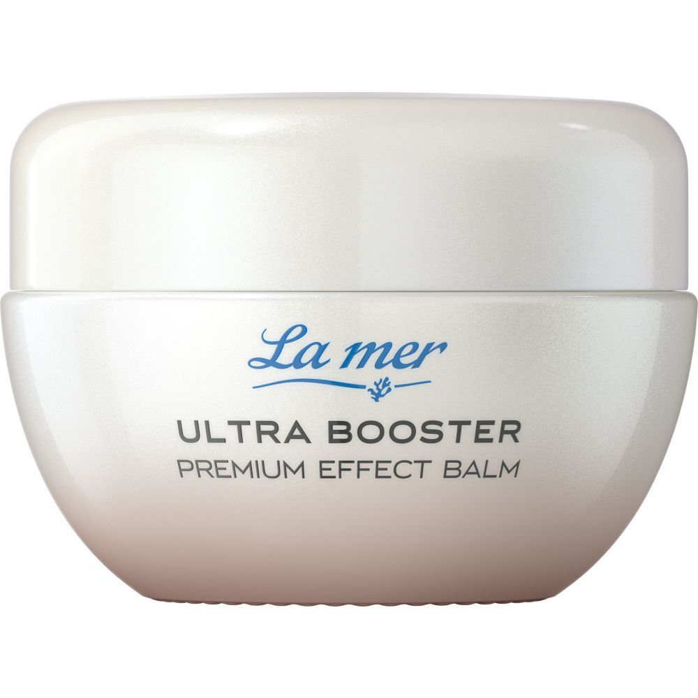 Pot blanc avec La mer Ultra Booster Premium Effect Balm. Logo et texte bleus.