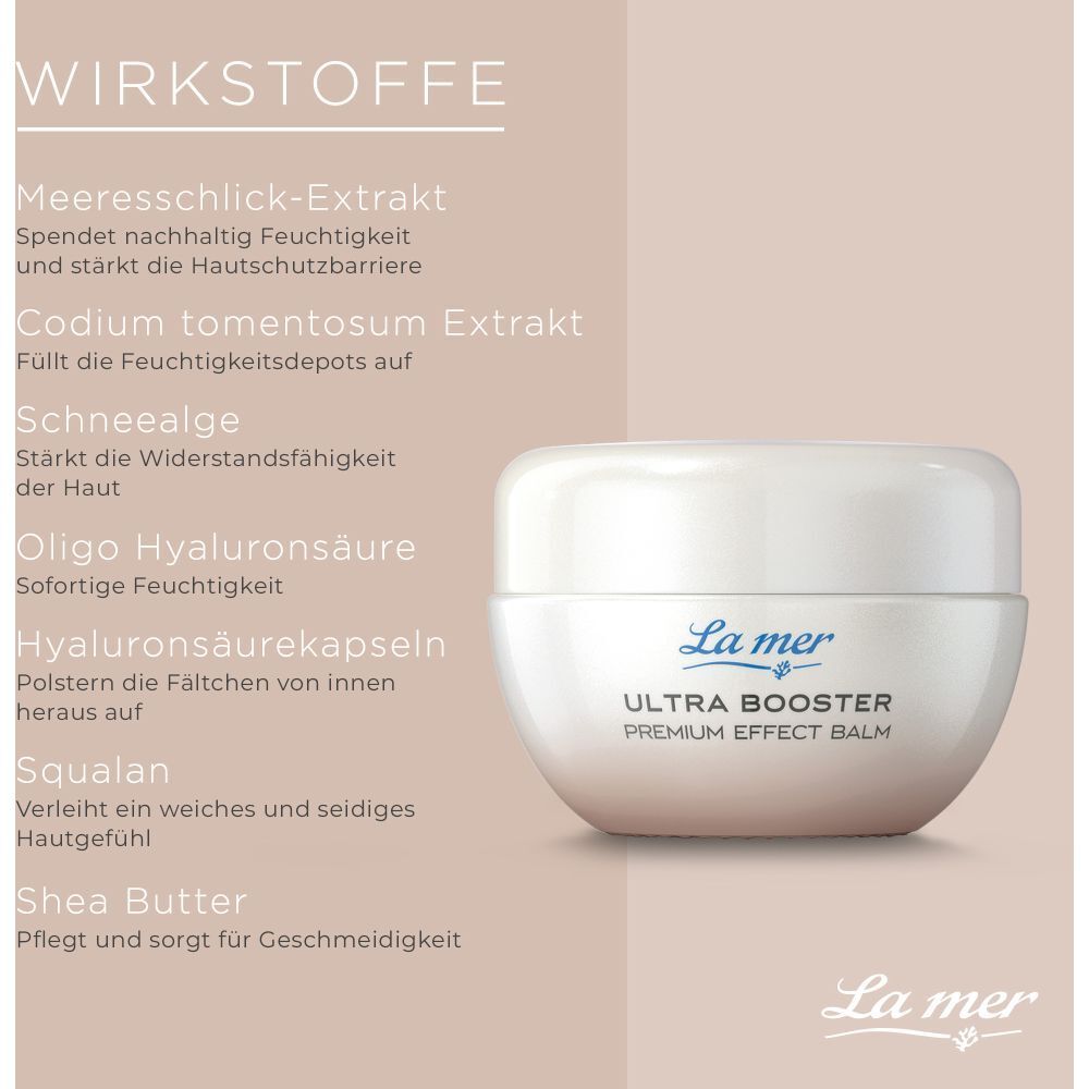 Produit La mer Ultra Booster Premium Effect Balm. Texte : Ingrédients actifs, extrait de boue marine, acide hyaluronique, beurre de karité.
