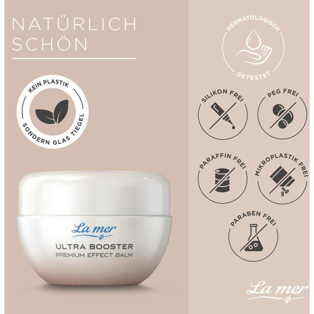 Produit La mer Ultra Booster Premium Effect Balm. Texte : Naturellement beau, sans plastique, sans silicone, sans PEG, etc.
