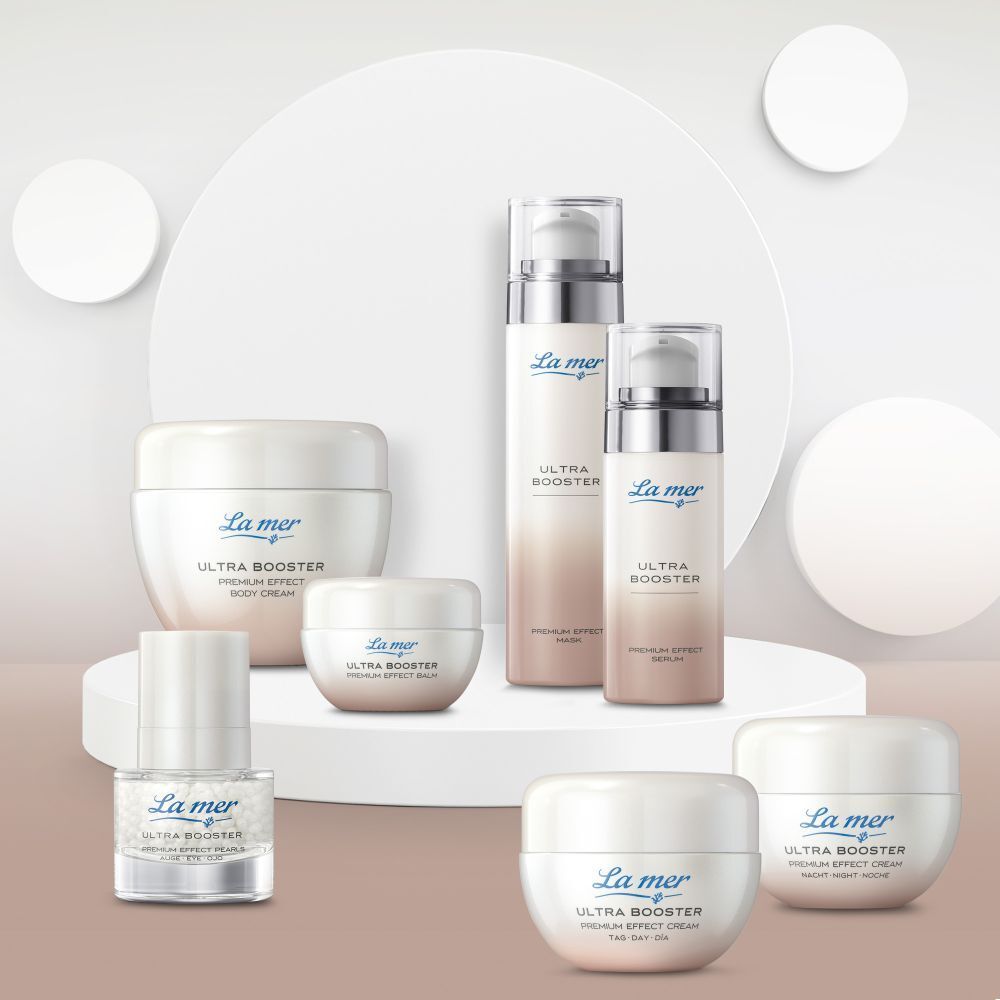 Différents produits La mer : Ultra Booster, crème pour le corps, crème pour les yeux, etc. Différentes tailles et formes.