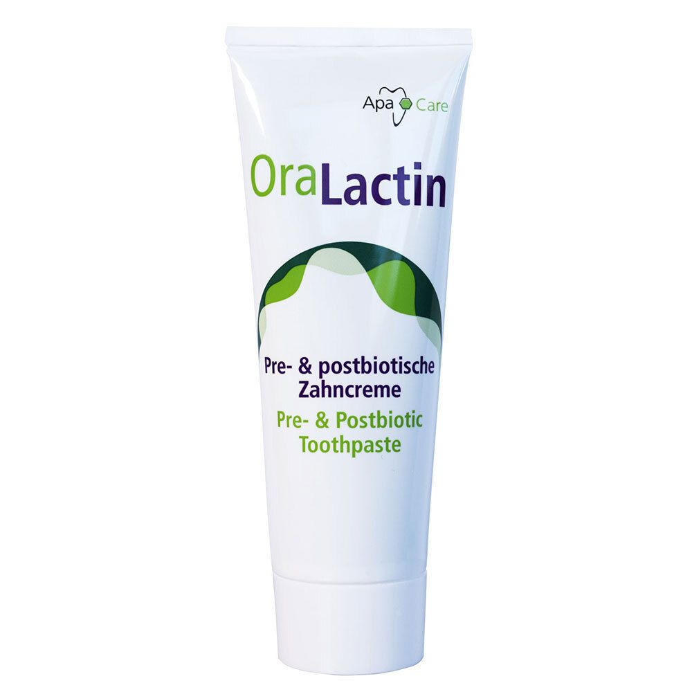 Tube de dentifrice OraLactin. Blanc, logo vert et texte. Dentifrice pré- et postbiotique.