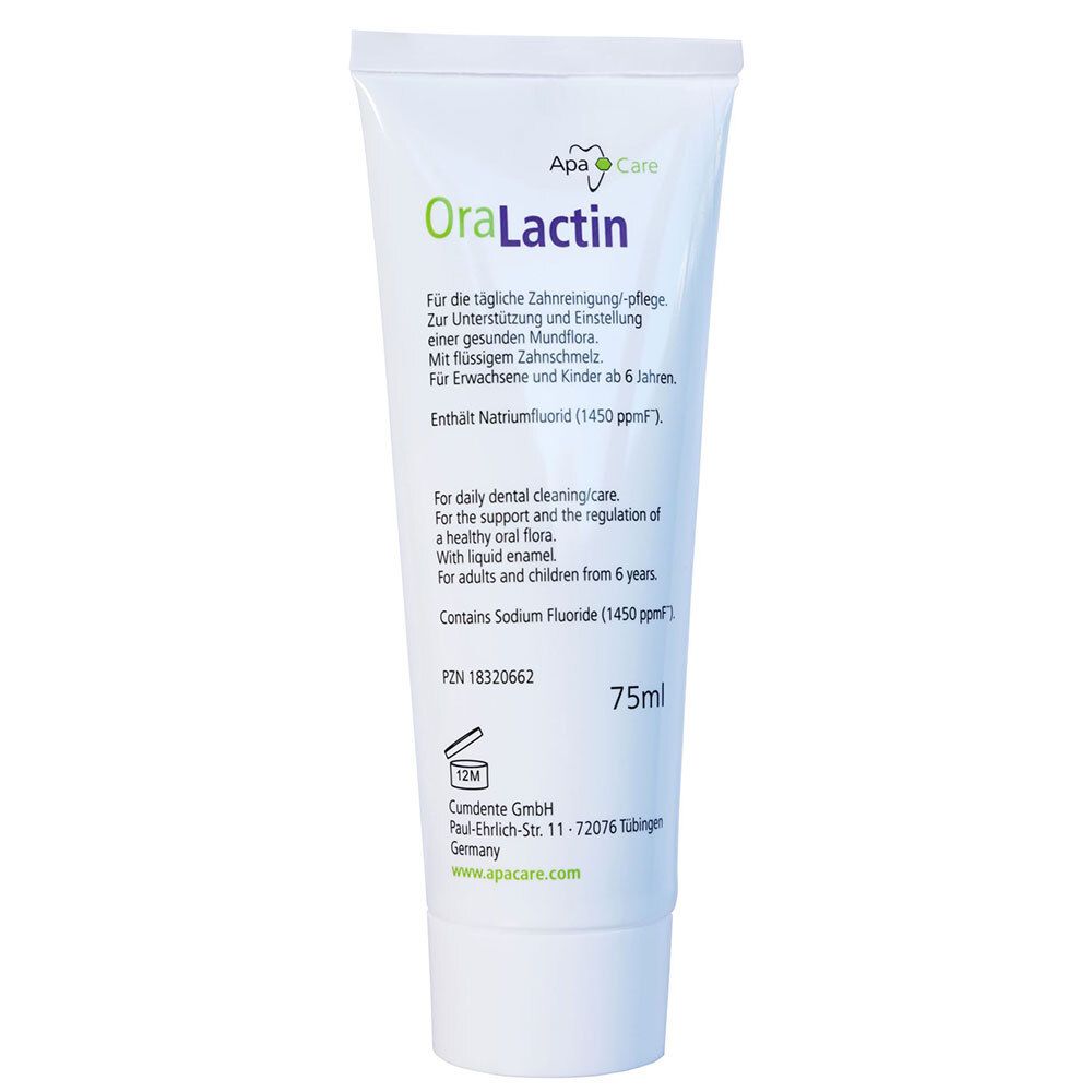 Tube OraLactin. Contient du fluorure. Pour le nettoyage quotidien. 75ml. Pour enfants dès 6 ans.