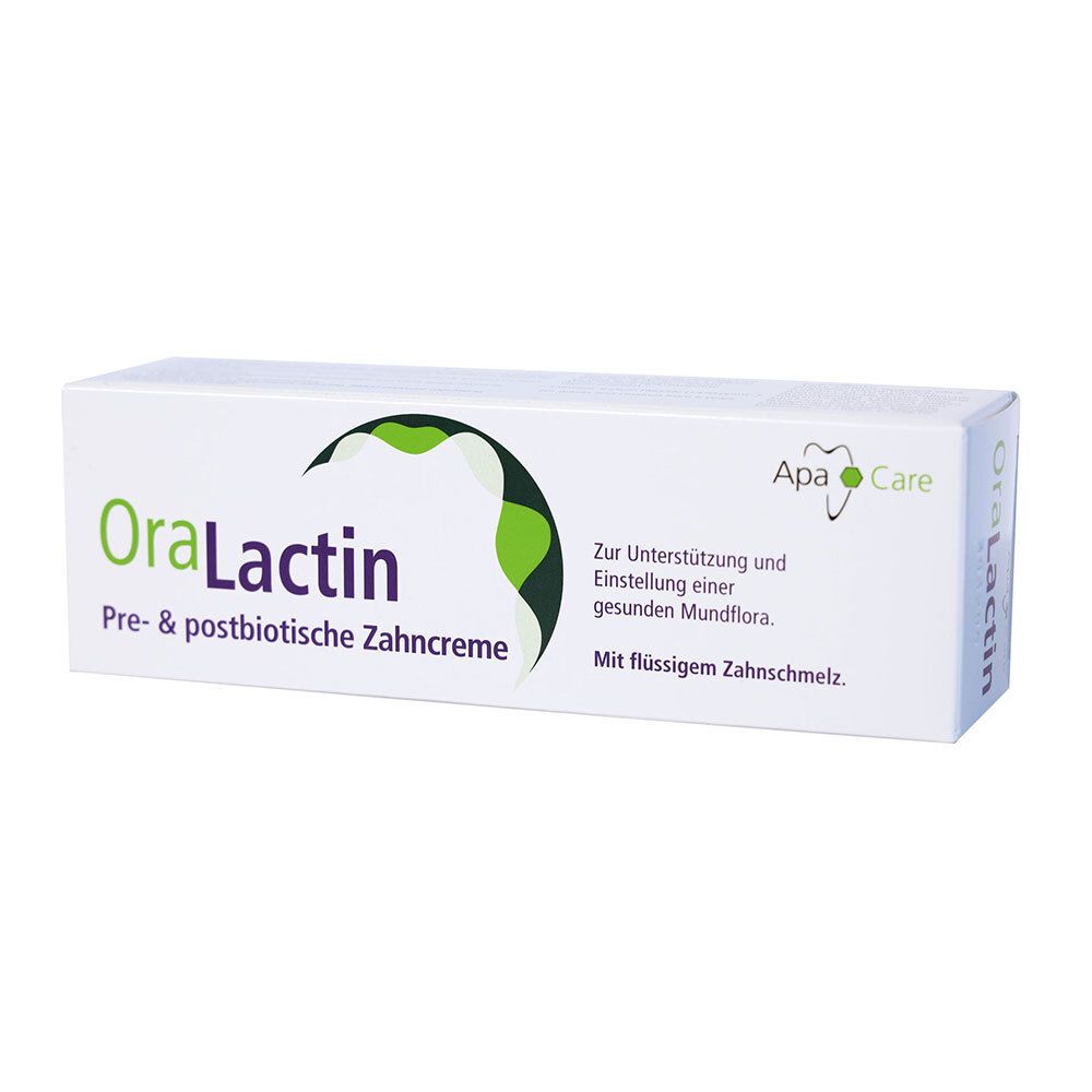 Boîte OraLactin. Blanche, logo vert et texte. Dentifrice pré- et postbiotique. Avec émail liquide.