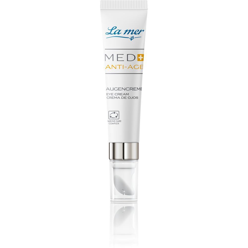 Tube blanc La mer® Med+ Anti-Age Augencreme. Fermeture argentée avec applicateur. Texte : Augencreme, Eye Cream, Crema de Ojos.