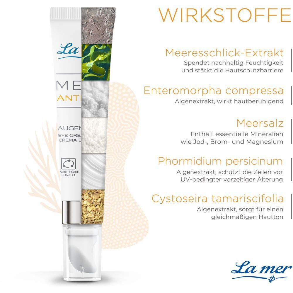 Graphique des ingrédients de La mer® Med+ Anti-Age Augencreme. Extrait de limon marin, Enteromorpha compressa, sel marin, Phormidium persicinum, Cystoseira tamariscifolia.