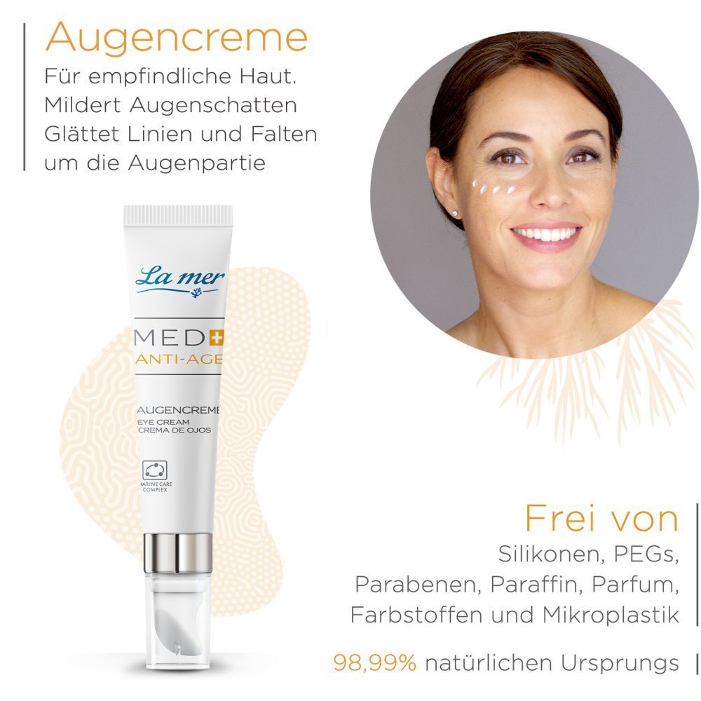 Femme avec crème pour les yeux. Texte : Crème pour les yeux pour peaux sensibles. Atténue les cernes, lisse les rides. Sans silicones, PEGs, parabènes, paraffine, parfum.