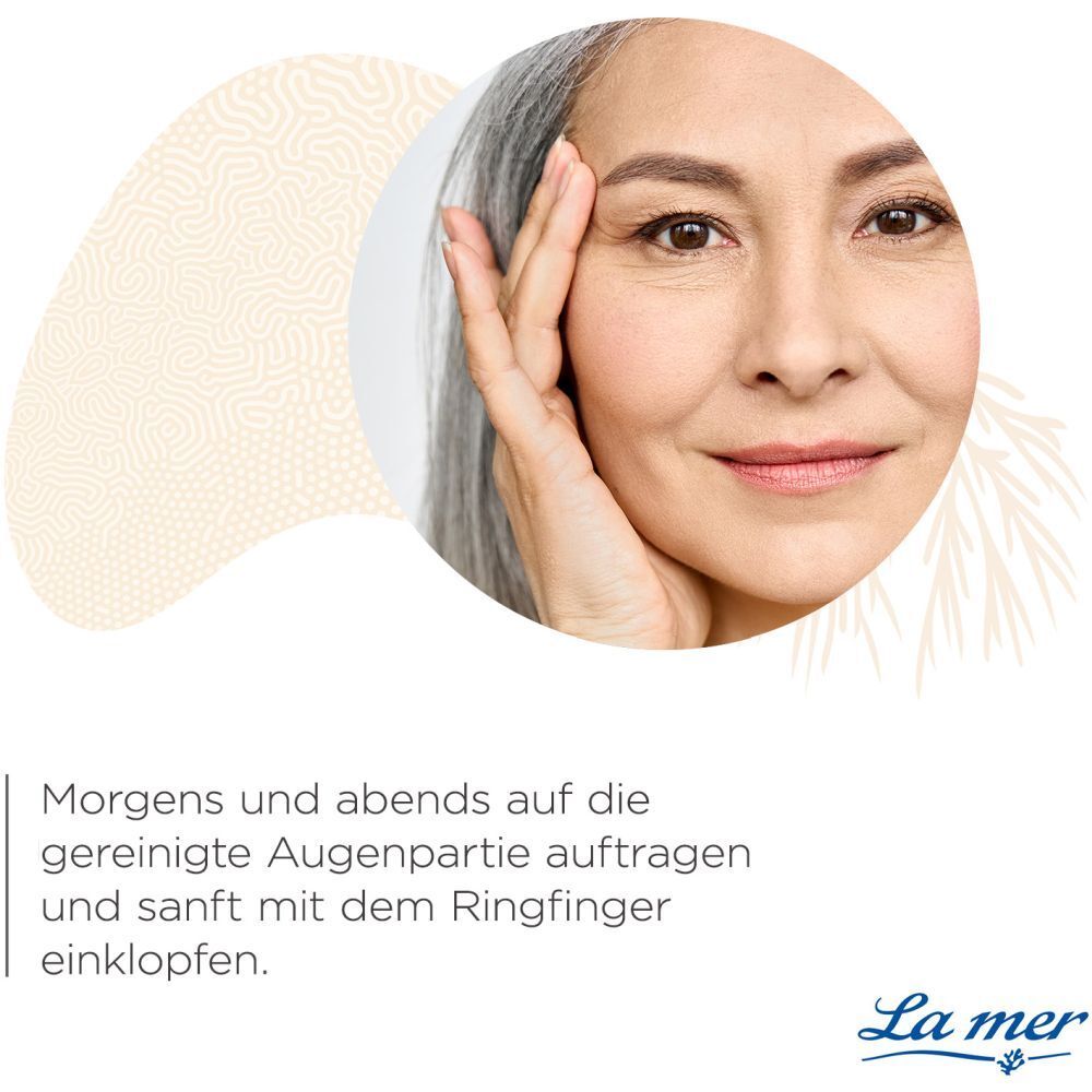 Femme appliquant crème pour les yeux. Texte : Appliquer matin et soir sur le contour des yeux nettoyé et tapoter doucement avec l'annulaire.