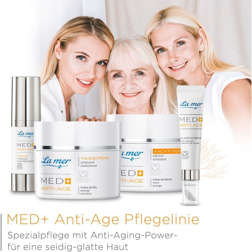 Gamme La mer® Med+ Anti-Age. Produits : crème pour les yeux, crème de jour, crème de nuit. Texte : Gamme MED+ Anti-Age. Soin spécial pour une peau lisse.