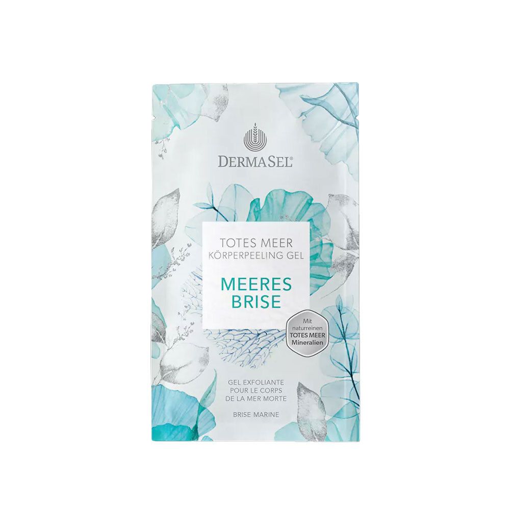 Sachet de gel exfoliant DERMASEL® Meeresbrise. Face avant avec motif floral et nom du produit.