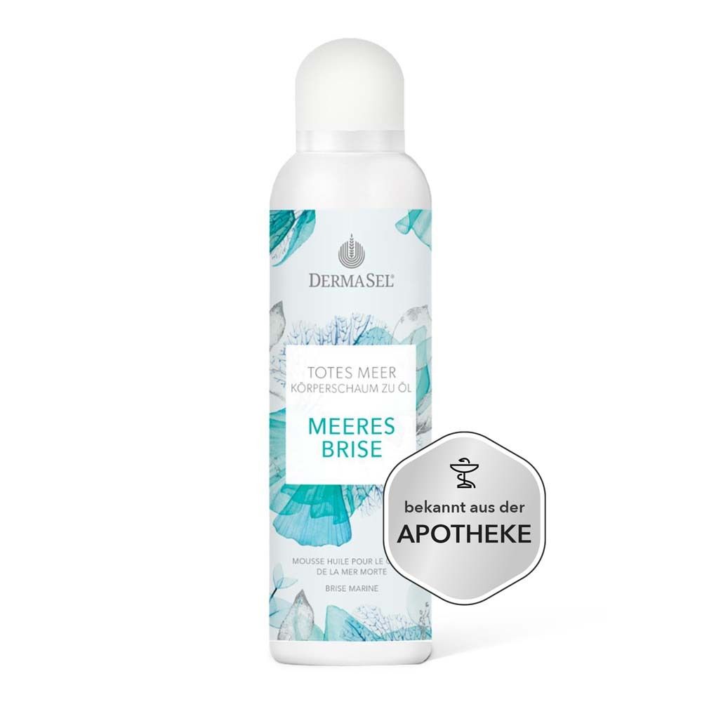 Flacon de mousse huile pour le corps. Marque DERMASEL®. Inscription : Totes Meer Körperschaum zu Öl Meeresbrise. Sceau de pharmacie.