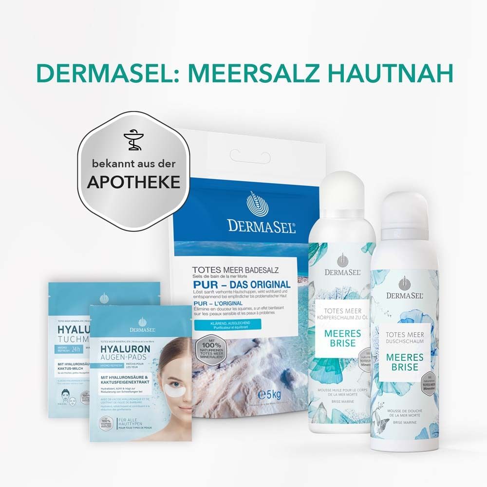 Ensemble de produits. Produits de DERMASEL®. Contient : sels de bain, mousse corporelle, patchs pour les yeux, masques en tissu à l'hyaluron.
