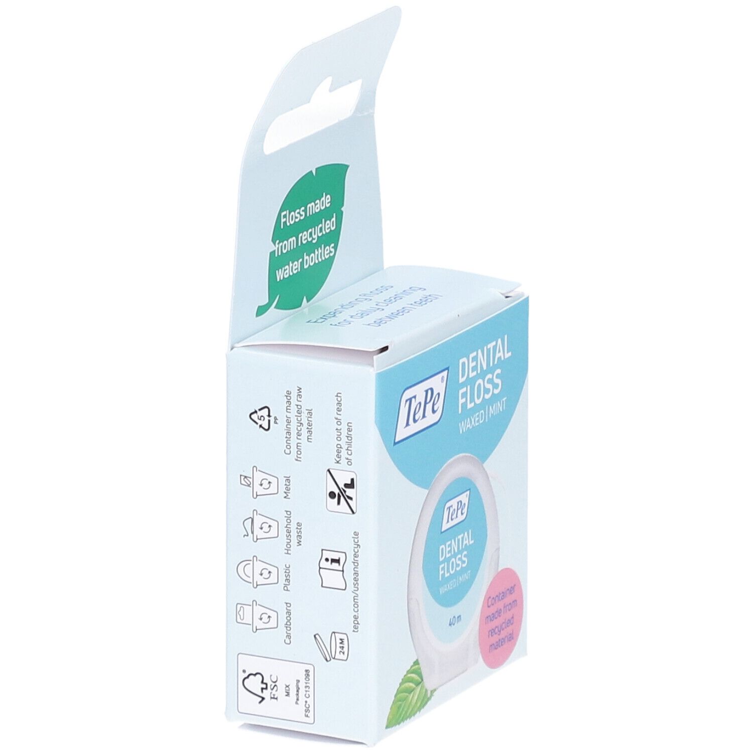 Fil dentaire TePe, ciré, menthe. Emballage avec image et texte. Fil de bouteilles recyclées. Logo FSC.
