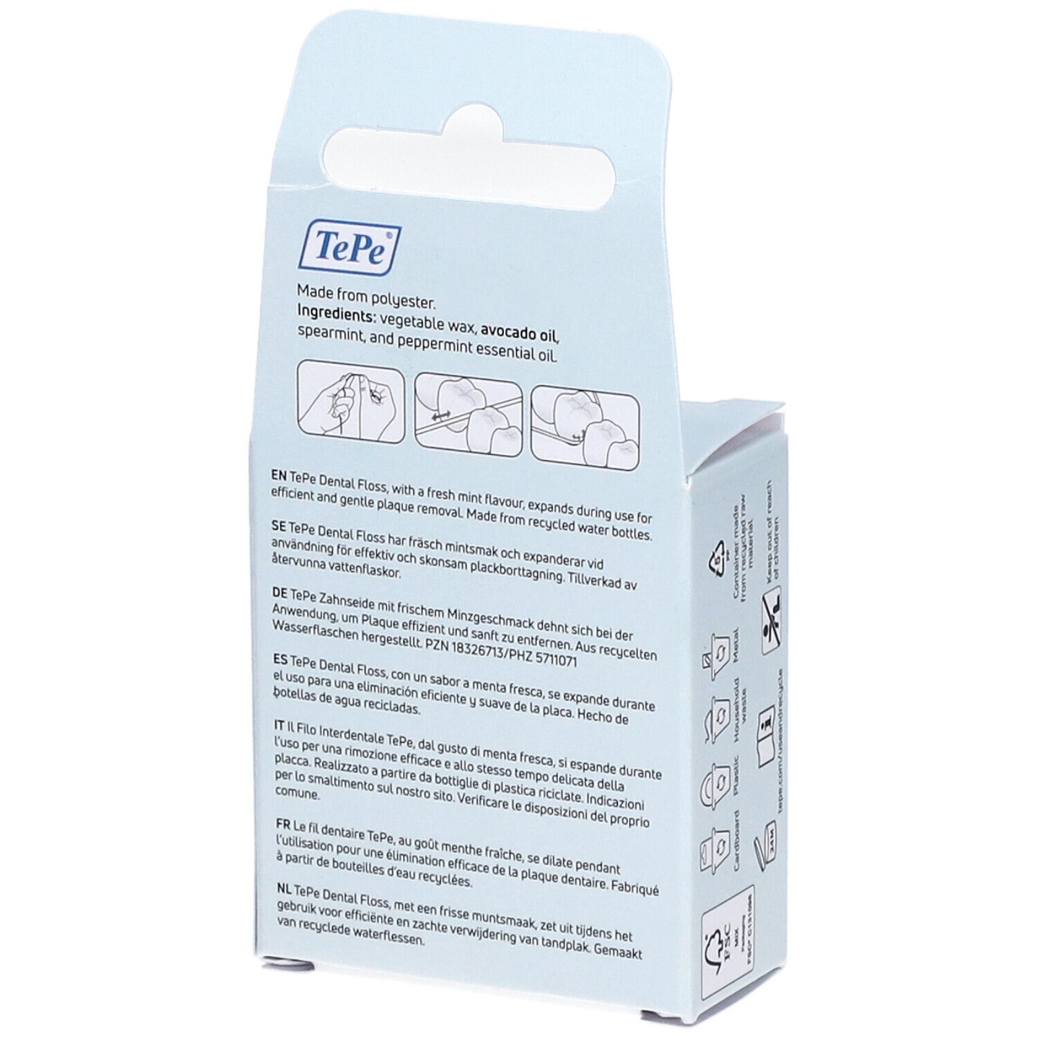 Dos de l'emballage TePe Dental Floss. Texte multilingue. Ingrédients : cire végétale, huile d'avocat, menthe.