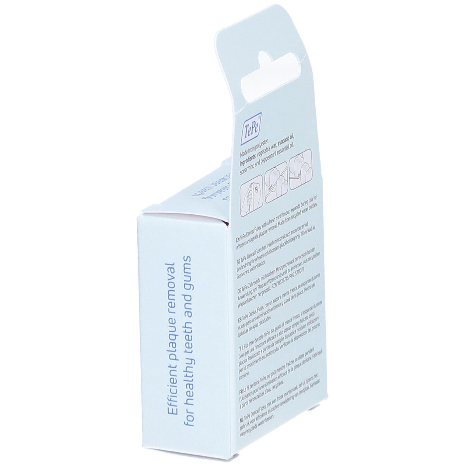 Emballage TePe Dental Floss, texte : Élimination efficace de la plaque pour des dents et des gencives saines.