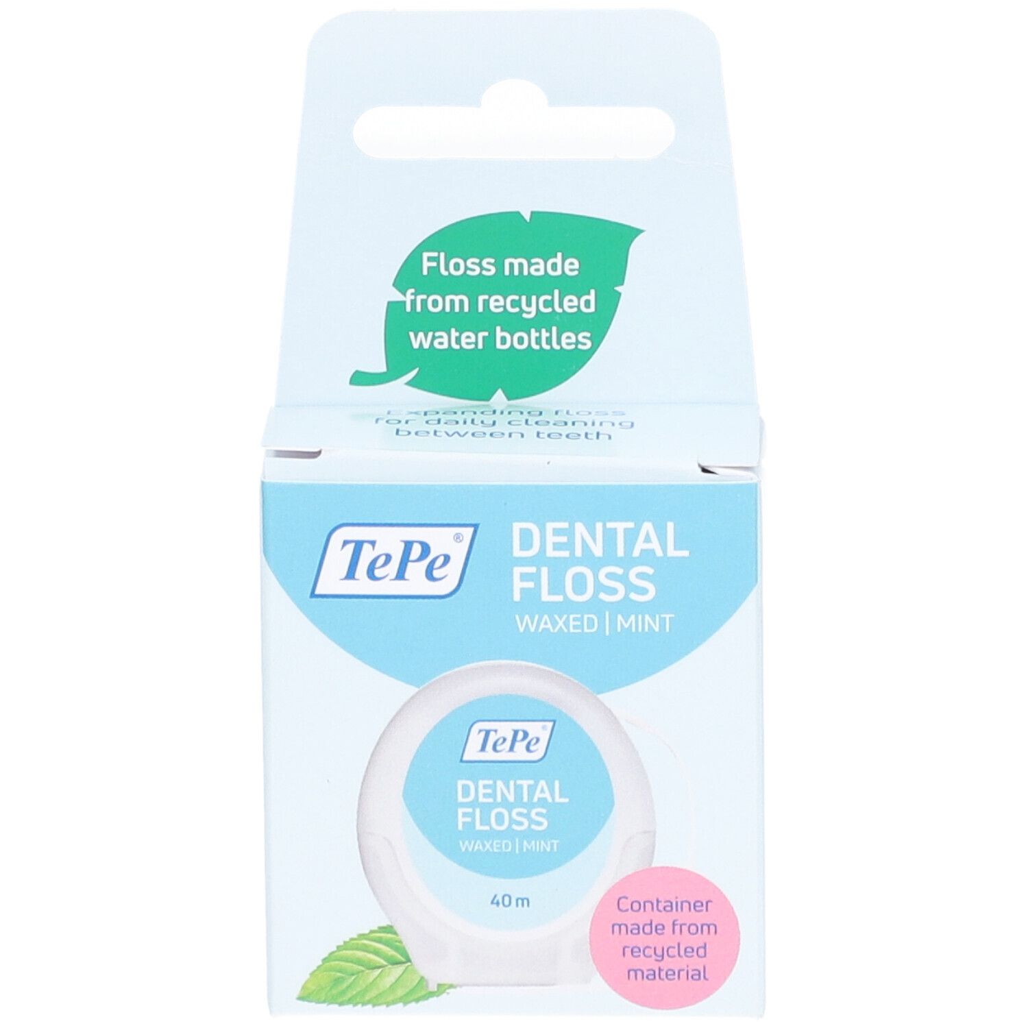 Fil dentaire TePe, ciré, menthe. Emballage avec image du produit et texte. Fil fabriqué à partir de bouteilles d'eau recyclées.