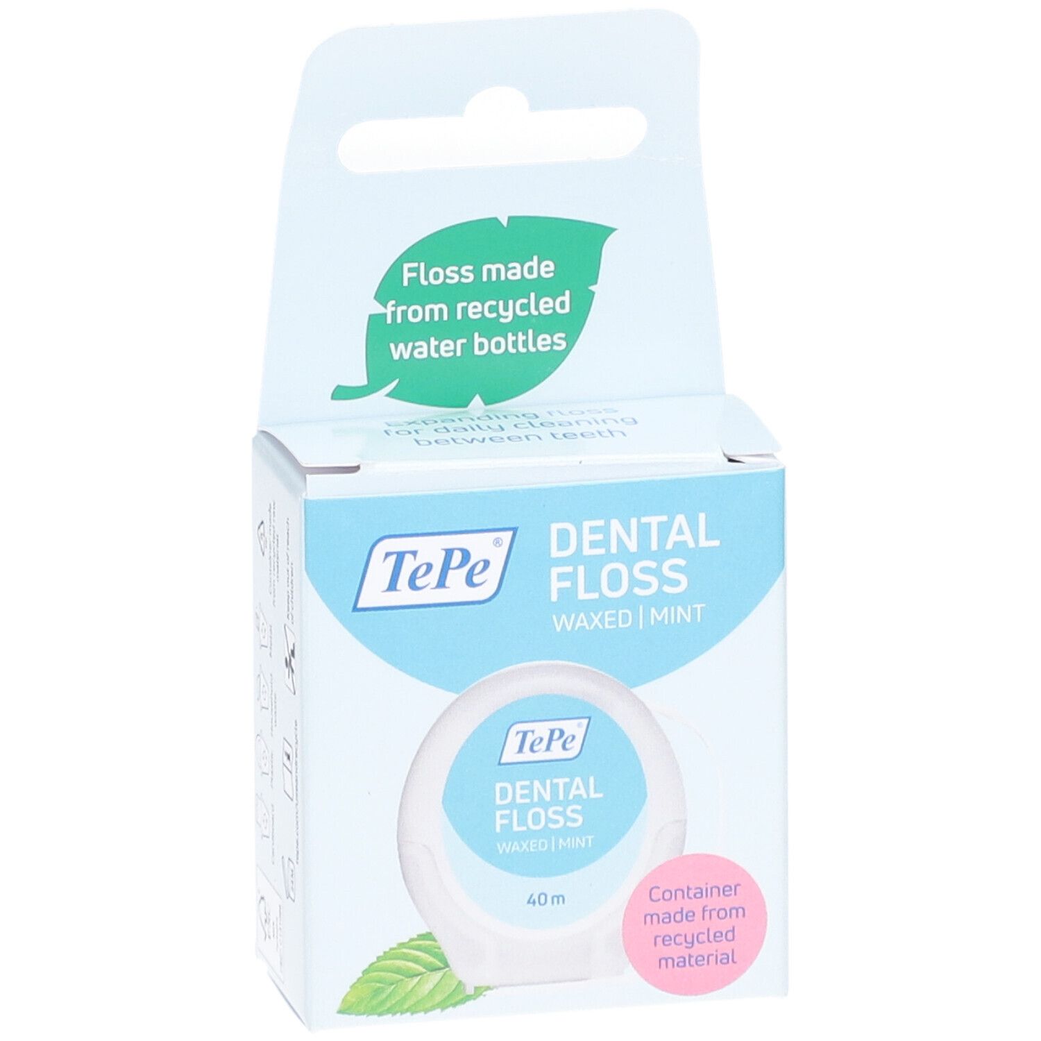 Fil dentaire TePe, ciré, menthe. Emballage avec image du produit et texte. Fil fabriqué à partir de bouteilles d'eau recyclées.