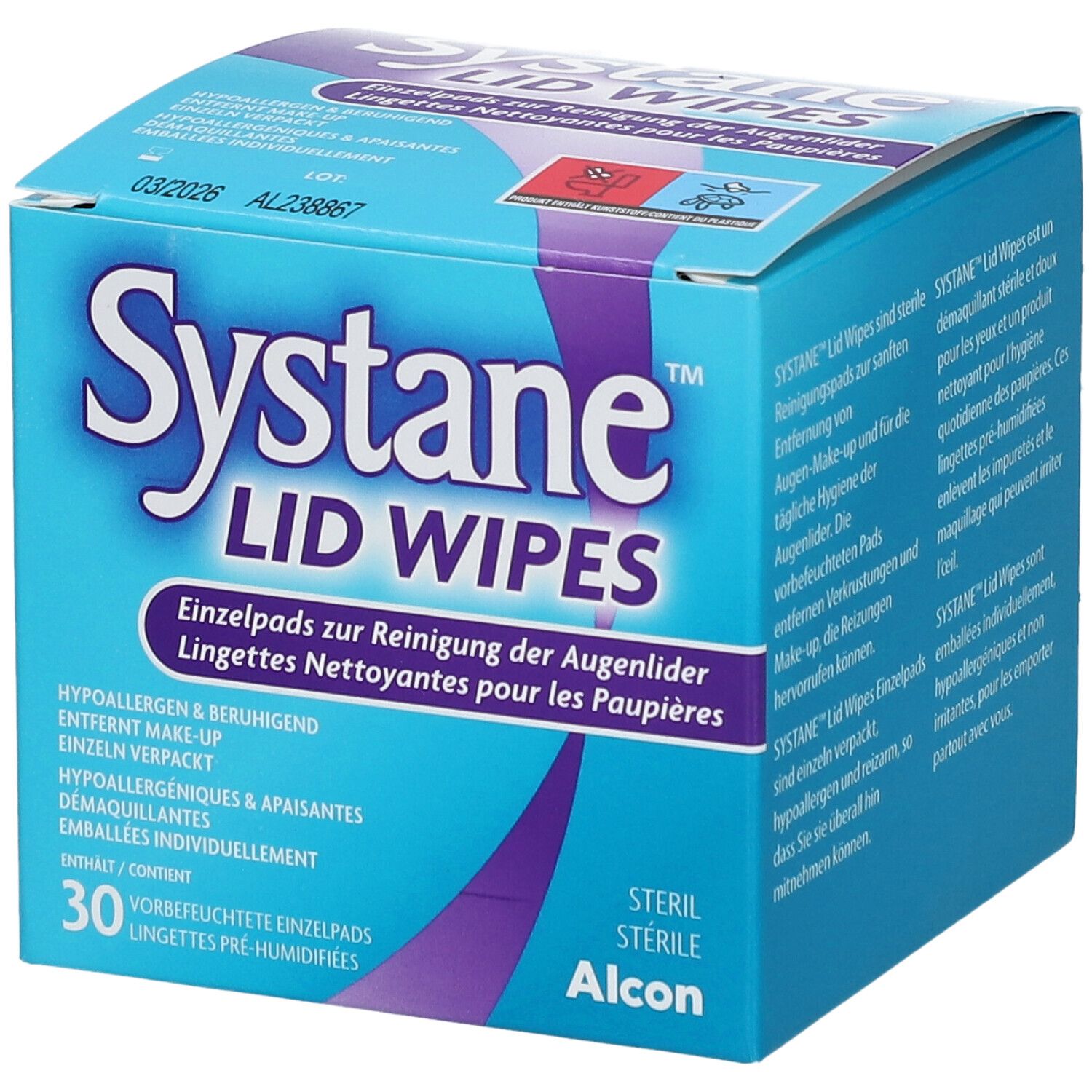 Boîte bleu et blanche avec logo "Systane Lid Wipes". Contient 30 lingettes nettoyantes pré-humidifiées emballées individuellement. Stérile, par Alcon.