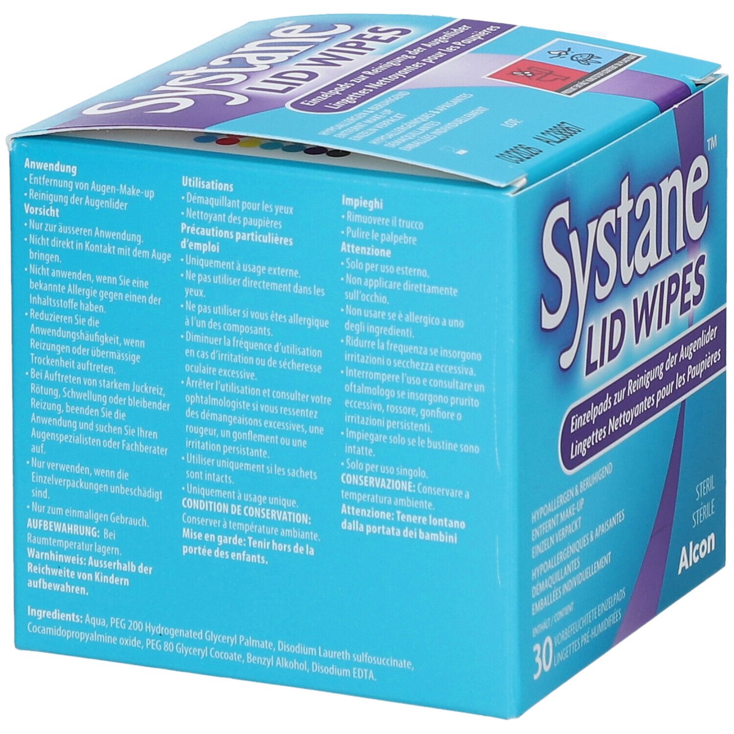Dos de la boîte "Systane Lid Wipes". Texte en allemand, français et italien. Contient instructions et ingrédients. Stérile, par Alcon.
