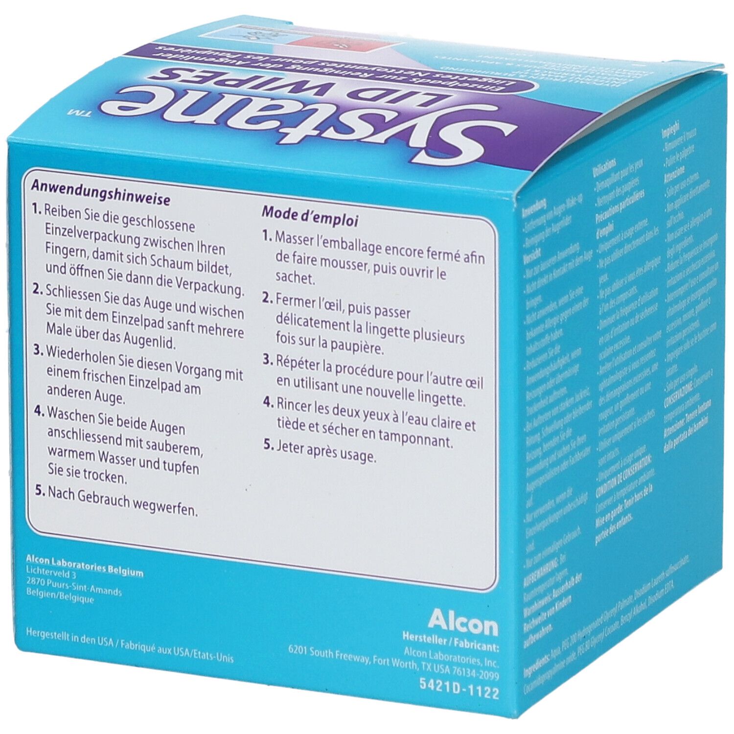 Dessus de la boîte "Systane Lid Wipes". Instructions en allemand et français. Fabriqué par Alcon Laboratories Belgium.