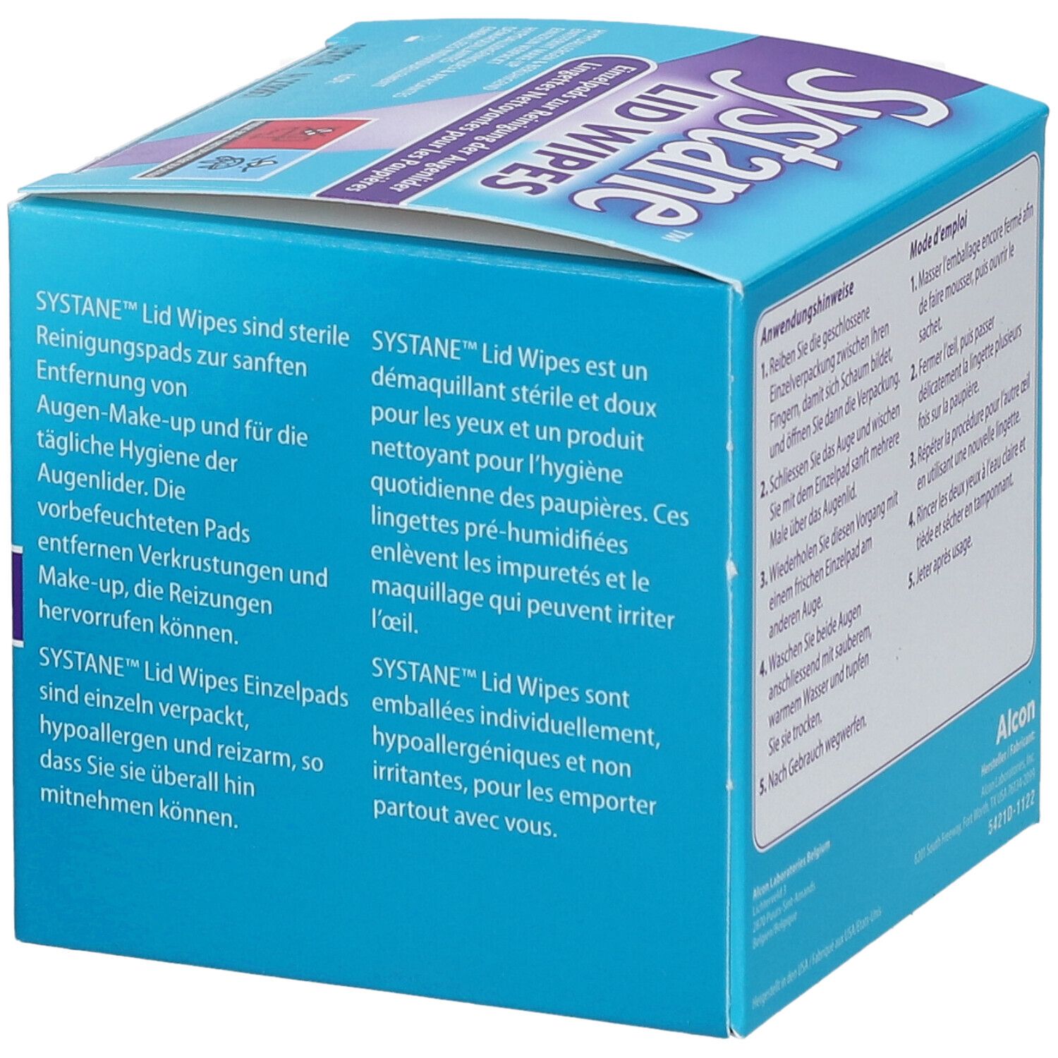 Côté de la boîte "Systane Lid Wipes". Texte en allemand et français. Lingettes hypoallergéniques emballées individuellement. Stérile, par Alcon.