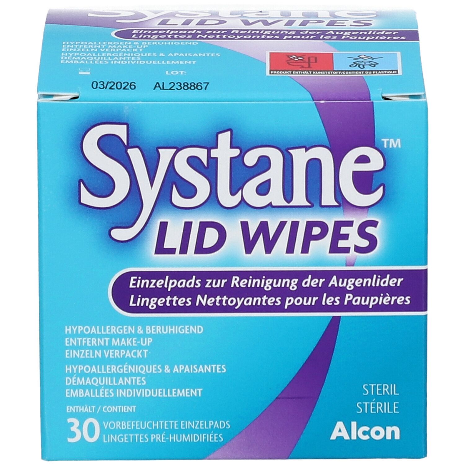 Face avant de la boîte "Systane Lid Wipes". Bleu et blanc avec logo. Contient 30 lingettes pré-humidifiées emballées individuellement. Stérile, Alcon.
