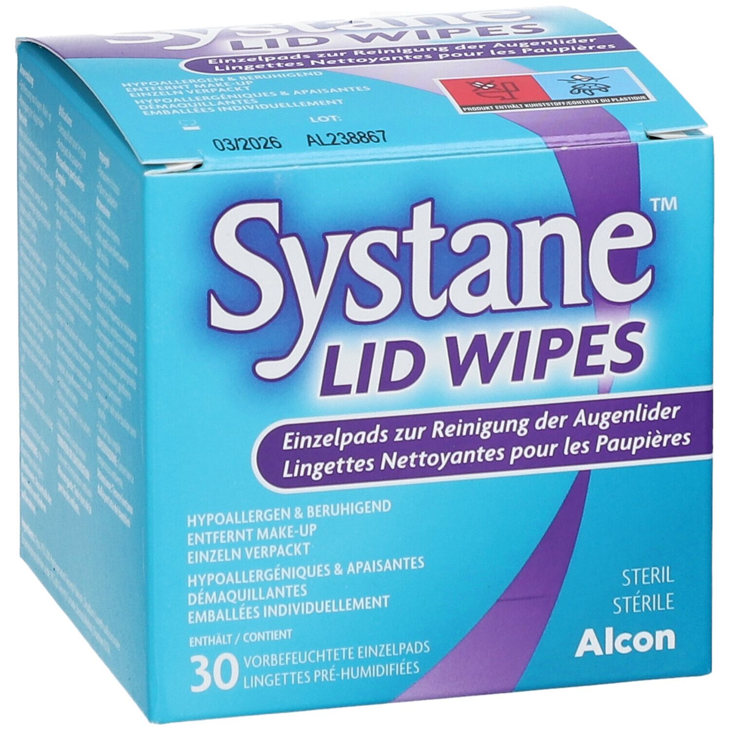 Face avant de la boîte "Systane Lid Wipes". Bleu et blanc avec logo. Contient 30 lingettes pré-humidifiées emballées individuellement. Stérile, Alcon.