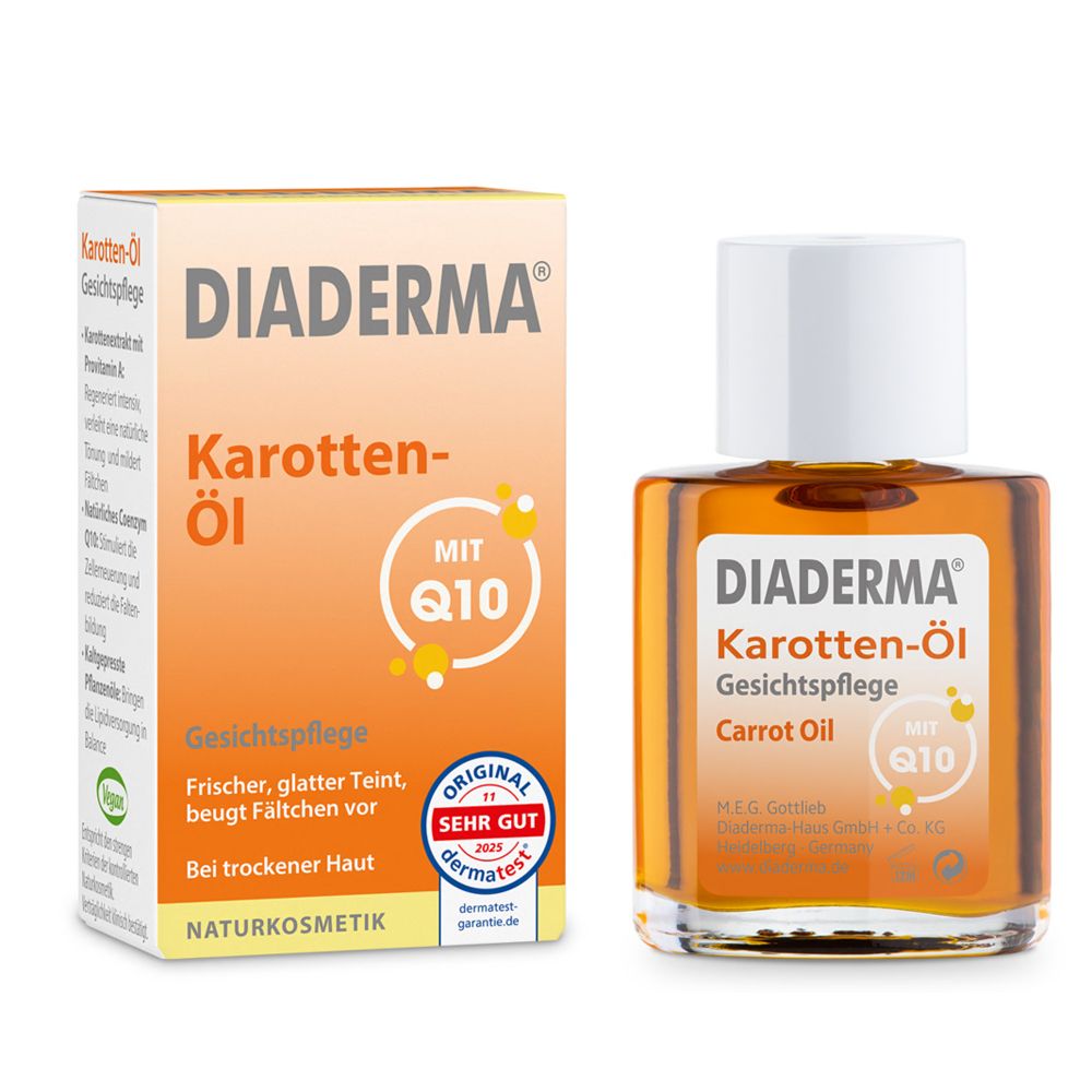 DIADERMA Huile de Carotte Q10 Soin du visage : flacon et emballage extérieur avec Q10 et sceau Dermatest.