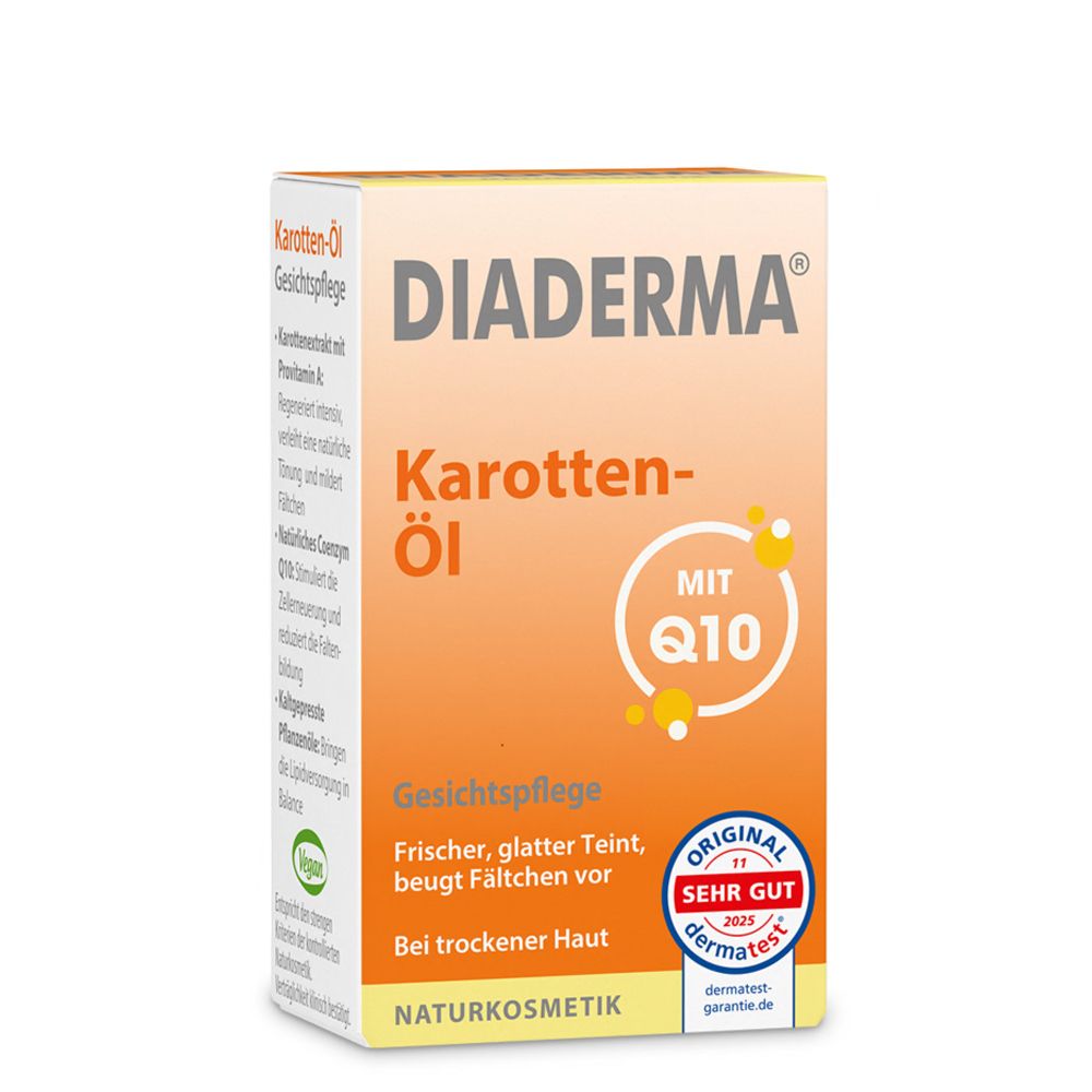 DIADERMA Huile de Carotte Q10 Soin du visage emballage extérieur avec sceau cosmétique naturelle et sceau Dermatest.