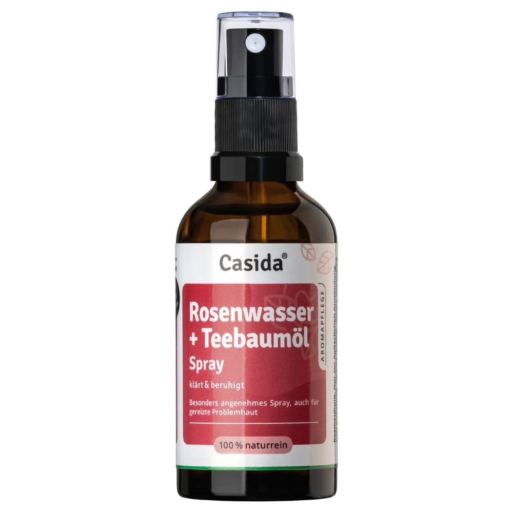 Flacon en verre brun avec vaporisateur noir. Étiquette avec nom du produit et marque Casida®.