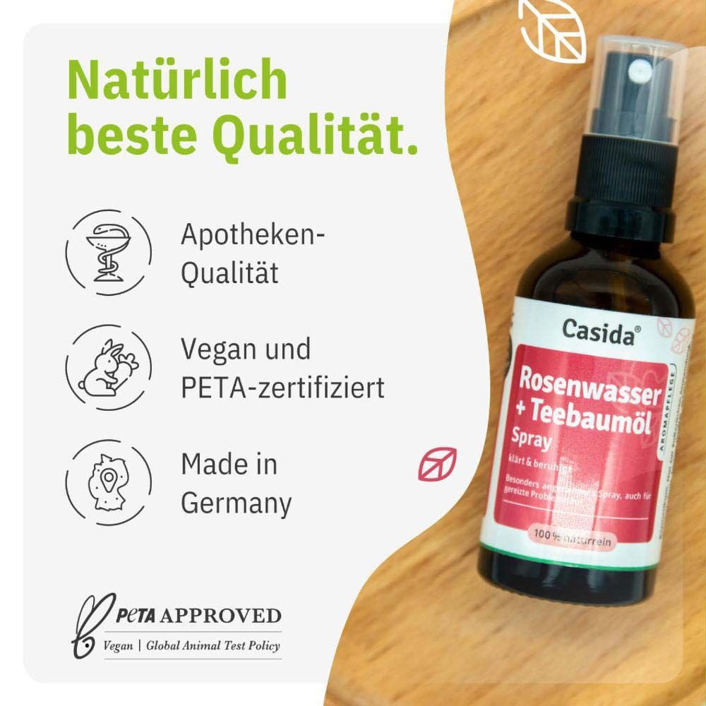 Flacon brun avec vaporisateur. Texte : Qualité pharmacie, Vegan et certifié PETA, Fabriqué en Allemagne.