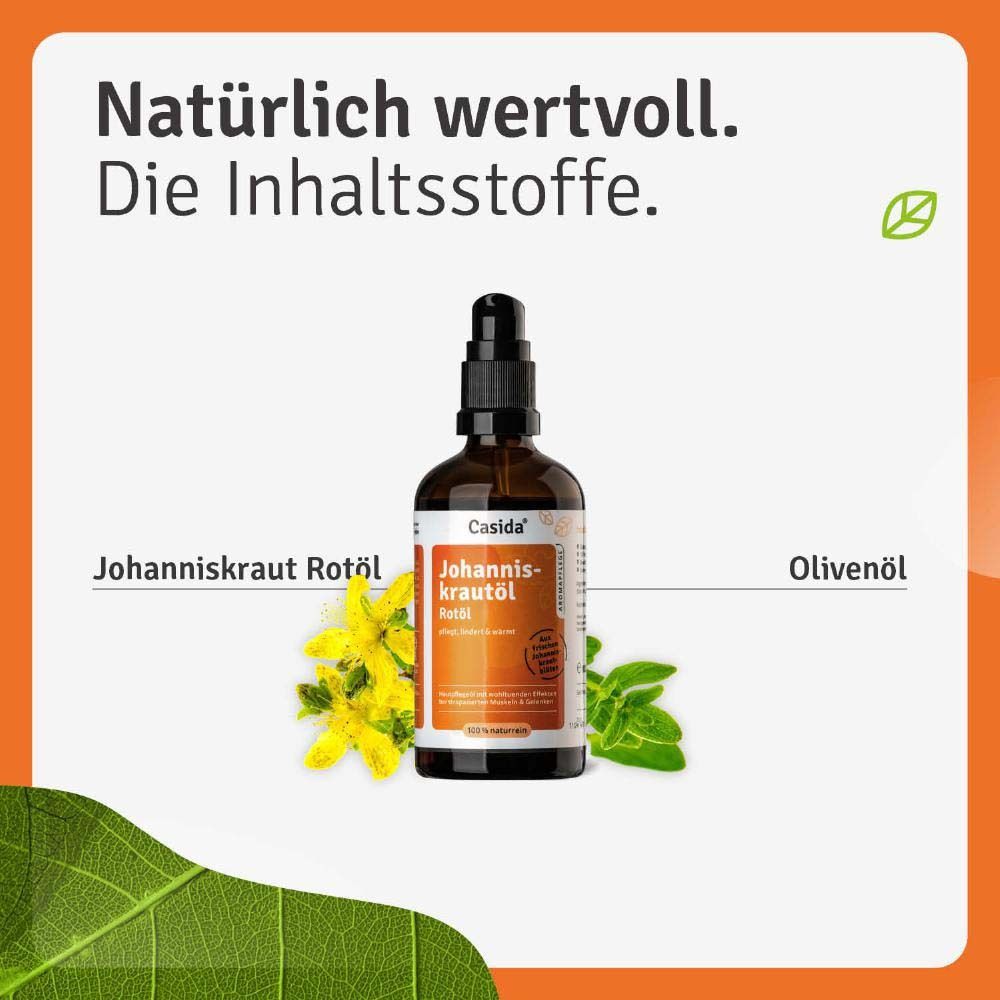 Flacon de produit avec huile de millepertuis, fleurs de millepertuis et huile d'olive. Texte : Naturellement précieux.