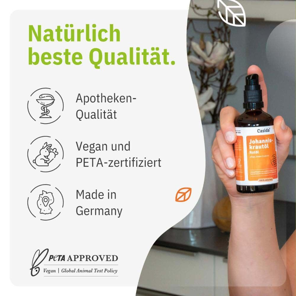 Flacon de produit dans la main. Texte : La meilleure qualité naturelle. Qualité pharmacie, végétalien, certifié PETA, Fabriqué en Allemagne.