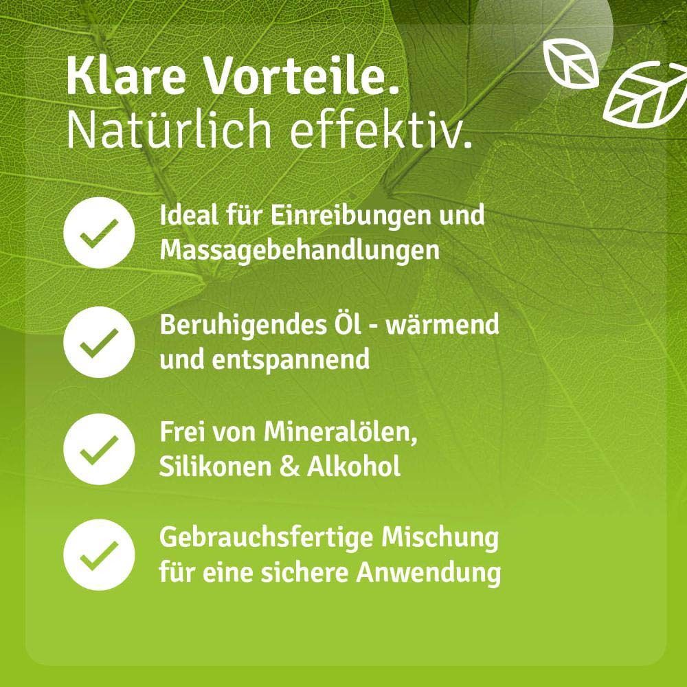 Flacon de produit avec texte : Avantages clairs. Naturellement efficace. Idéal pour les frictions et les massages.